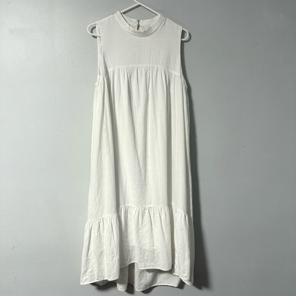 English Factory Womens Dress White 100% Cotton Textured Beachy Boho Shift Midi L - Picture 1 of 12